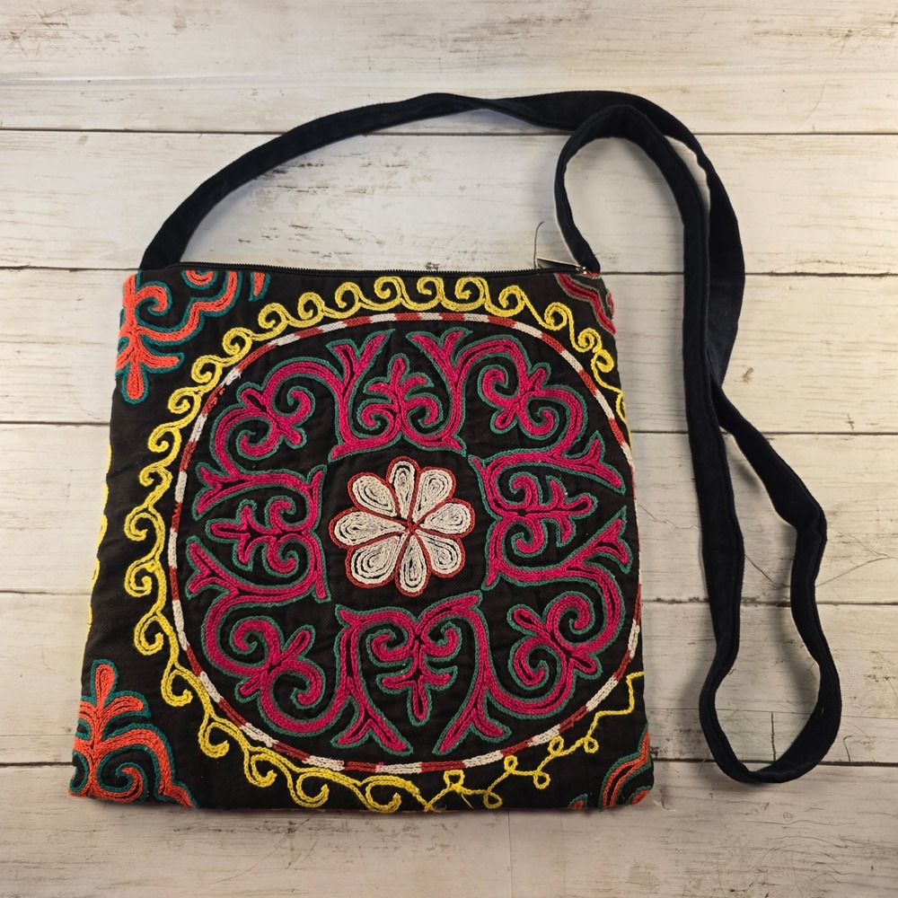 Boho Embroidered Crossbody Bag Black Canvas Floral Mandala Festival Messenger
